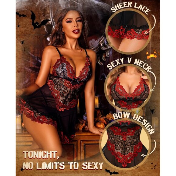 Women Black-red Lingerie Lace Babydoll Mesh Chemise Sleepwear Bridal Nightdress - Picture 3 of 5